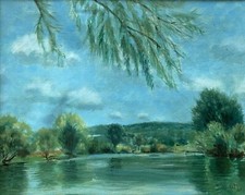 Vintage 1960s Seine River Oil Painting Art Wall Hanging Signed Burket France picture