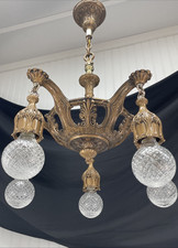 RESTORED Antique Vtg Art Deco Chandelier Ornate Hollywood Regency 5 Arm Gold picture