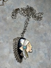 Silver Tone Oval Link Necklace Native American Head Turquoise Pendant picture