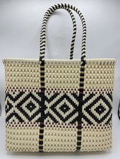 Handwoven Artisan Mexican Cream, Black Tote Bag NEW Bolsa 12”x14”x6” picture