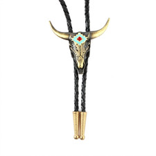 Brass Western Longhorn Skull Bolo Tie Turquoise Enamel 36 inch Cord Made in USA picture