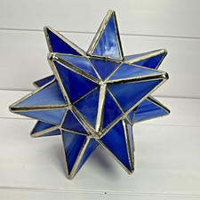 Vintage Moravian Star Tealight CandleHolder Tabletop Lantern Blue Stained Glass picture