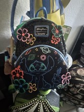 Loungefly Disney Lilo & Stitch Mini Backpack Black Sequin Neon Floral Accents picture