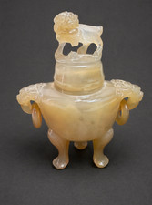 Antique China Chinese Qing Dynasty Carved AgateIncense Burner Censer Foo Dog picture