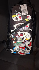 Ed Hardy Sling Bag Crossbody Strap Skull Tattoo Graphic Print Black Zip Pockets picture