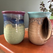 Neher ‘18 & ‘10 Ceramic Hand Warmer Mugs Set Of Two Right Handed Drip Glaze picture