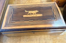 Rare Antique 19th-Century Marquetry Sewing Keepsake Box Inlaid Fox /Wolf picture