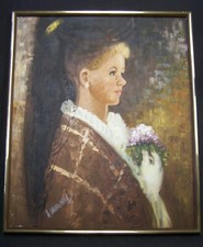 ORIGINAL OIL ON CANVAS PAINTING YOUNG BLONDE WOMAN HOLDING BOUQUET BY L WILLIAMS picture