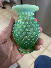 Vintage Mini Fenton Green UV Uranium Opalescent Hobnail Vase Smooth Rim 3.75” picture