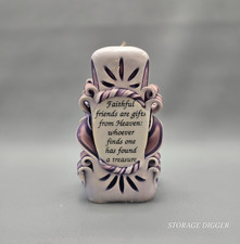 VTG Hand Carved Friendship Quote Candle Purple & White Decorative Home Décor picture