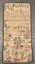 1838 Antique Victorian Hand Embroidery Needlework Sampler Adam Eve Birds Well picture