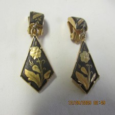 Vintage Damascene Dangle Floral Clip On Black & Gold Earrings picture