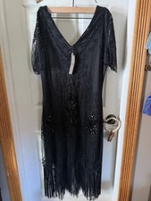 BABEYOND Women's Plus 2XL Black Beaded Sequin Fringe V-Neck Midi Dress picture