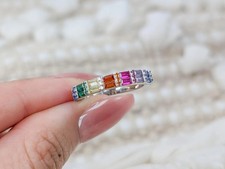 925 Silver Colorful Ring, Small Rainbow Ring, CZ Diamond Baguette Ring picture