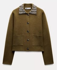 NWOT ZARA Women’s Cardigan Rib Knit 100% Wool Sweater Embellished Collared sz M picture