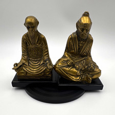 Vtg Mid-Century Brass Asian Figurine Set Seated Samurai & Scholar Wooden Base  picture
