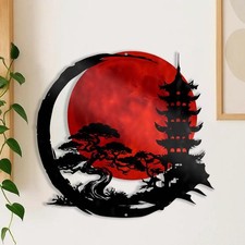 Japanese Red Moon Metal Wall Art, Pagoda Bonsai Landscape Decor, Metal Wall Art picture