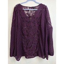 Torrid Women Purple Lace Crochet V-Neck Long Bell Sleeve Blouse Size 2 Plus Goth picture