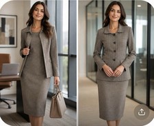 VTG Leslie Fay Sz 14 Dress Suit Brown Houndstooth Plaid Tweed Dark Academia NWT picture