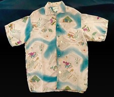 Rare 1940s True Vintage Watumulls Aloha Hawaiian Shirt Silk Hand Block Print XL picture