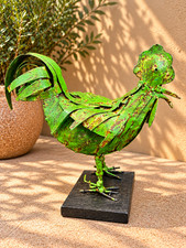 Green Metal Rooster Sculpture Rustic Distressed Chicken Farmhouse Tabletop Decor picture