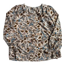 Loft Outlet Womens Floral V-Neck Button Front Blouse Cream Brown Blue Size M picture