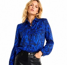 Vintage Francesca of Damon 100% Silk Blouse Blue Black Abstract Animal Print 90s picture