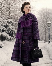 VINTAGE ELITE JUNIORS 50S 60S PLUM PERFECT PLAID WINTER COAT SZ L XL picture