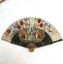 Vintage Spanish Bull Fighting Fan Hand Painted Linen & Wood, Euro, Cream Floral picture