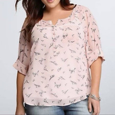 Size 1X Torrid Pink Bird Print Chiffon 3/4 Sleeve Blouse picture