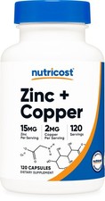 Nutricost Zinc + Copper Capsules (120 Count) - 15mg Zinc + 2mg Copper Per Servin picture