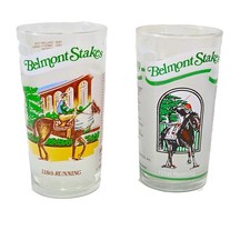Vintage 1986 & 1989 Belmont Stakes Horse Racing Glass Tumblers – Set of 2 picture