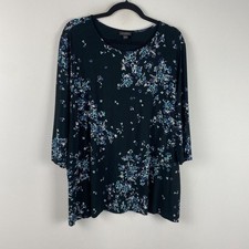 J Jill Wearever Collection Black Blue Floral 3/4 Sleeve Top 2X Stretch picture