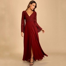 NWT Lulus Dress Utterly in Love Lace Long Sleeve Wrap Dress Burgundy LARGE Maxi picture