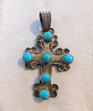 Vtg Navajo Running Bear Sterling Silver Turquoise Cross Pendant Stamped RB 2