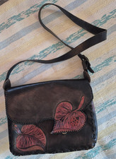 Vintage Handmade Brown Tooled Leather Cross Body Bag Leaf Applique Ladybug Boho picture