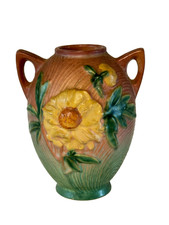 Vintage Roseville Pottery Peony Vase 58-6 Double Handled Art Pottery Pink 1942 picture