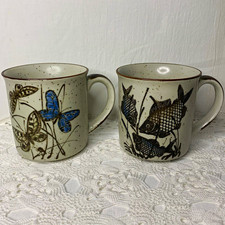 Vintage 1970s Japanese Speckled Stoneware Mugs - Set of 2 (Butterfly & Fish) picture