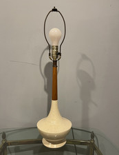 Mid Century Beige Speckled Ceramic & Wood Table Lamp, Rotary Knob, 24 in picture