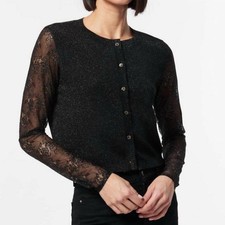 Cami NYC Anissa Black Metallic Lace Sleeve Cropped Cardigan L NWOT picture