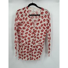 Womens Red Lips Print Cardigan Sweater Size M Whimsical Quirky Indie Pinup picture