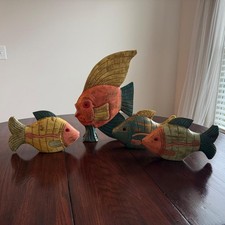 VTG Hand Carved Wooden Fish Decor Set Coastal Tropical Folk Art Made in Thailand picture