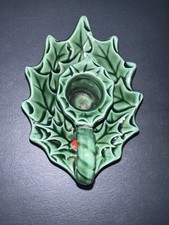 Vintage Lefton Green Ceramic Holly Candle Holder Japan 1970/71 picture