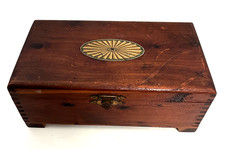 Document Box Mahogany Handcut Dovetail Sunburst Decal Brass Hinge Latch Antq Vtg picture