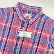 Southern Tide Men M Pink Madras Plaid Short Slv Button Down Preppy Coastal NWT picture
