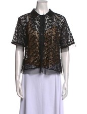 The GREAT Lace Pattern Short Sleeve Blouse Button up Collar Black Size S picture