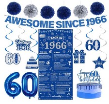 60Th Birthday Decorations Men Banner - 17 Pcs Blue Glitter Back in 1966 Birthday picture