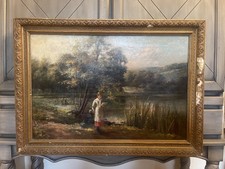 Antique 19thC Oil On Canvas Landscape Painting - Young Girl By Lake - WJ Boyes  picture