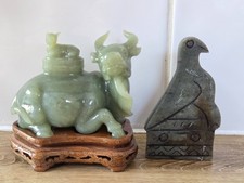 Vintage Chinese Nephrite Jade Water Buffalo Ink Water Pot Serpentine Carved Bird picture