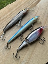 Rapala 3-Lot Lg.Pike Lures Mag. X-Rap Red/Blk,Float MinnowBlue 7”,Mag.14 Blk/red picture